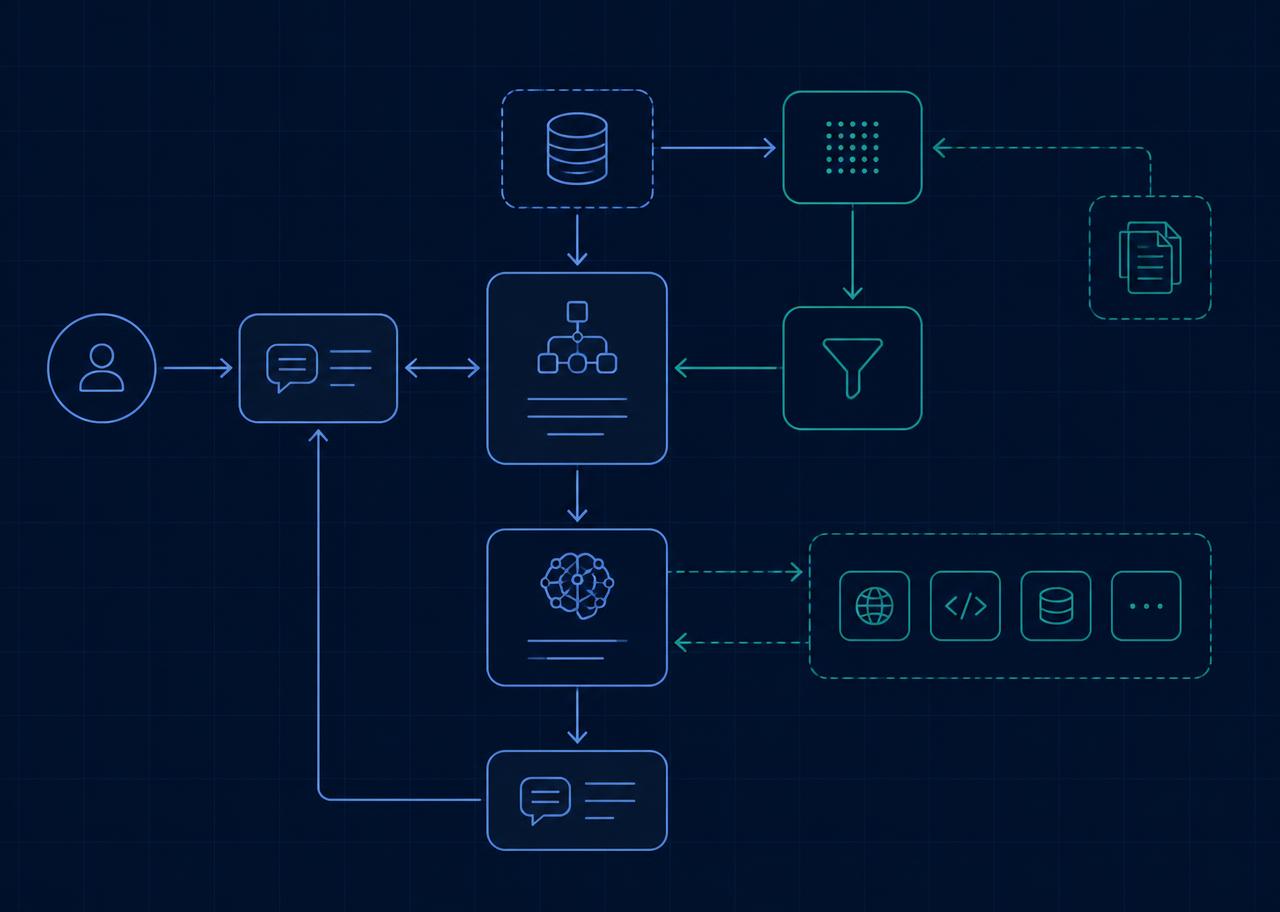 Diagram of an AI application architecture with retrieval, model and tool components